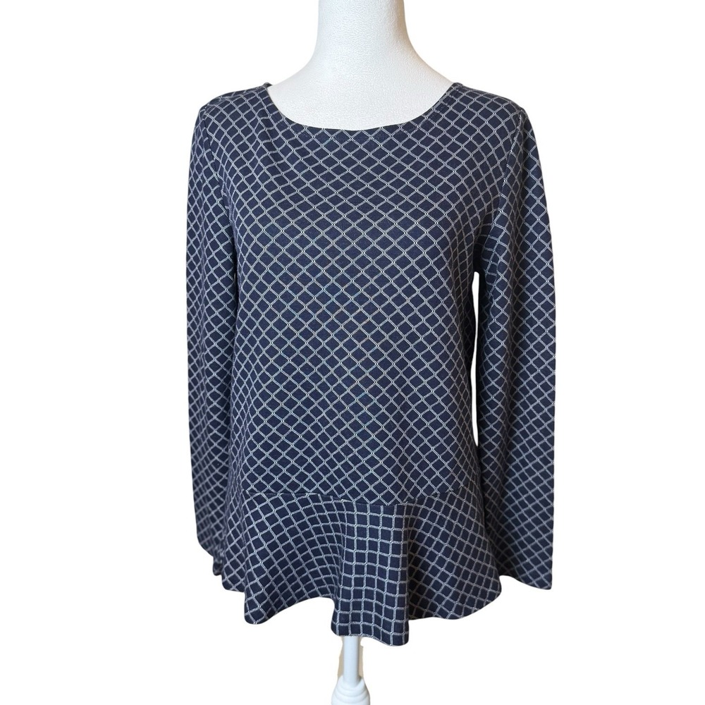 Talbots Womens Navy Blue White Peplum Top Small Nautical Coastal Casual Preppy